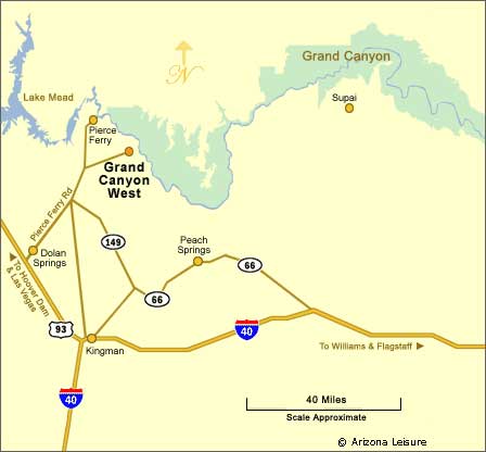 Grand Canyon West driving map showing Highway 93 Pierce Ferry Road and Diamond Bar Road