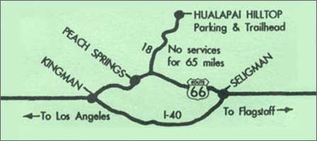 Map showing the driving route to Hualapai Hilltop for Havasupai Canyon access