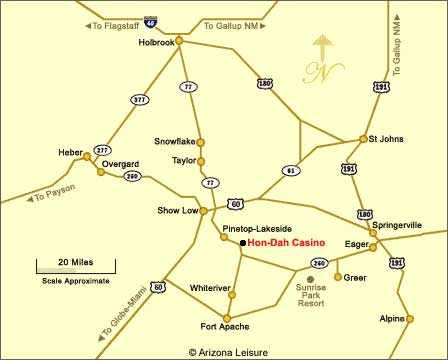 Map showing Hon-Dah Resort Casino near Pinetop in Arizona's White Mountains