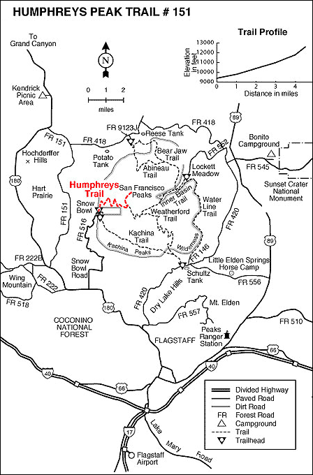 Map of Humphreys Trail No. 151 from Arizona Snowbowl to Humphreys Peak summit near Flagstaff