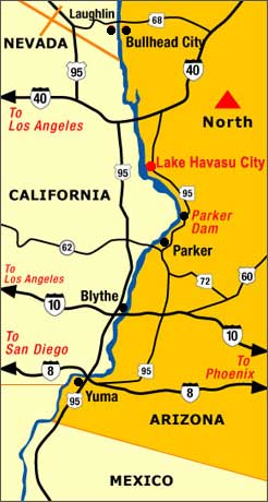 Map showing Lake Havasu City, Parker, Bullhead City and communities along the lower Colorado River