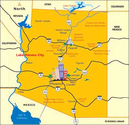 Lake Havasu City travel and location map along the Colorado River on the Arizona border