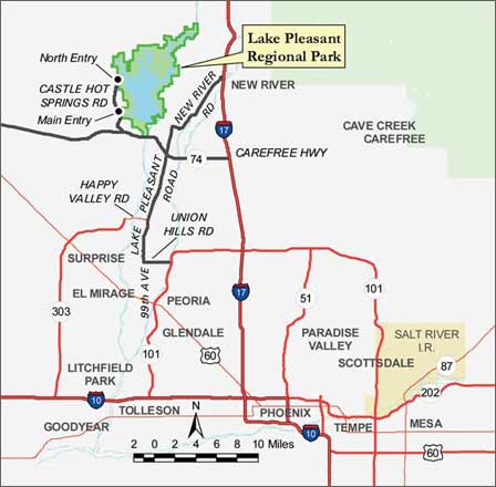 Map showing directions and access routes to Lake Pleasant Regional Park Arizona