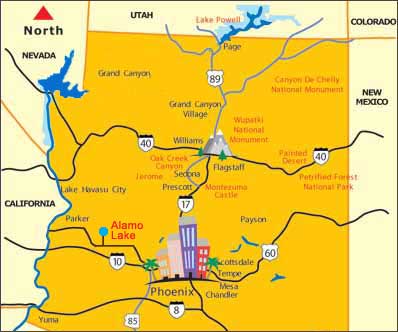 Road map showing the location of Alamo Lake State Park north of Wenden and west of Wickenburg Arizona