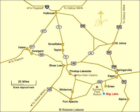 Road map showing routes to Big Lake Arizona from Springerville and Pinetop-Lakeside in the White Mountains