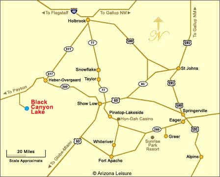 Location and travel routes map to Black Canyon Lake Arizona on the Mogollon Rim