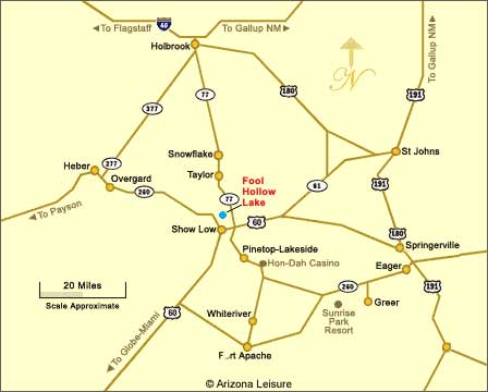 Location and travel map to Fool Hollow Lake near Show Low in the White Mountains