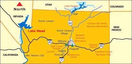 Location map showing highways and travel routes to Lake Mead in Arizona and Nevada