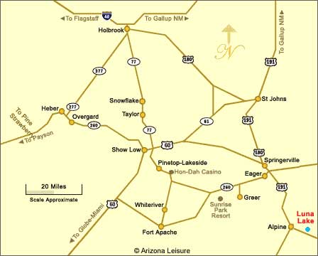 Map showing the route to Luna Lake near Alpine Arizona