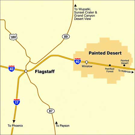 Map to Painted Desert in Northern Arizona Northern Arizona road map showing Flagstaff, Interstate 40, Winslow and the Painted Desert near Petrified Forest National Park
