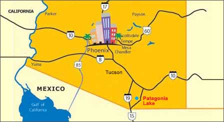 Map showing the route to Patagonia Lake near Tucson and Nogales Arizona