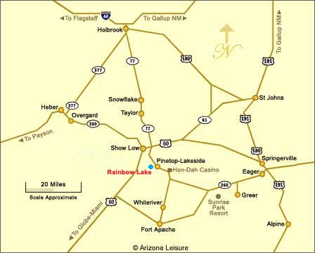 Location and travel-route map to Rainbow Lake Arizona