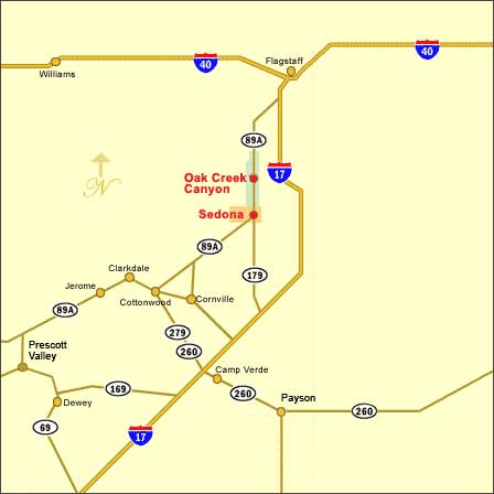 Road map showing Sedona, Oak Creek Canyon and surrounding highways in northern Arizona
