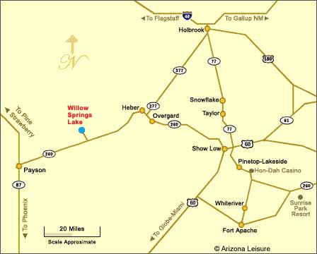 Directions map to Willow Springs Lake from Payson and Heber-Overgaard via Arizona Highway 260 and Forest Road 149