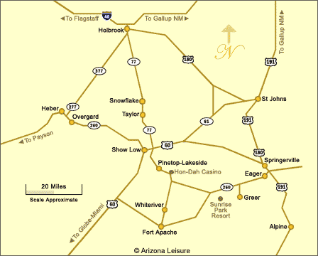 Map showing Greer Arizona in the White Mountains near SR 260 and surrounding towns