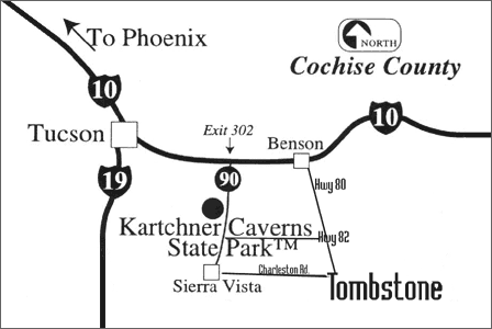 Map showing Kartchner Caverns State Park near Benson Arizona and State Route 90
