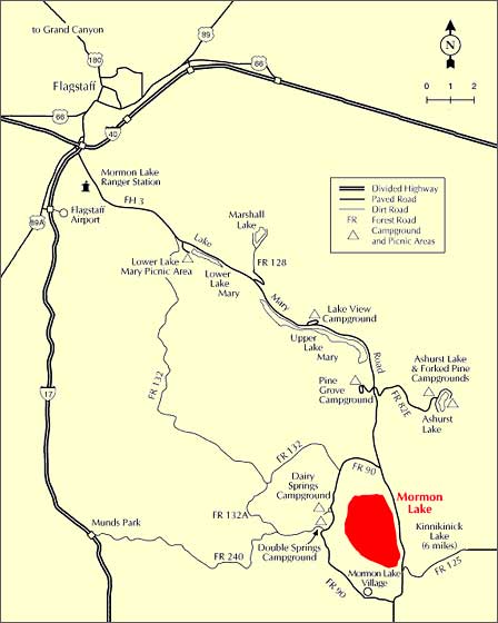 Mormon Lake Arizona map showing roads and recreation areas southeast of Flagstaff