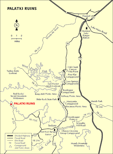 Map and driving route to Palatki Heritage Site northwest of Sedona Arizona