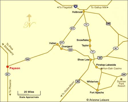 Map of Payson Arizona showing SR 87 SR 260 Mogollon Rim and surrounding Rim Country communities