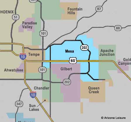 Mesa Arizona area map showing East Valley cities major highways and nearby attractions