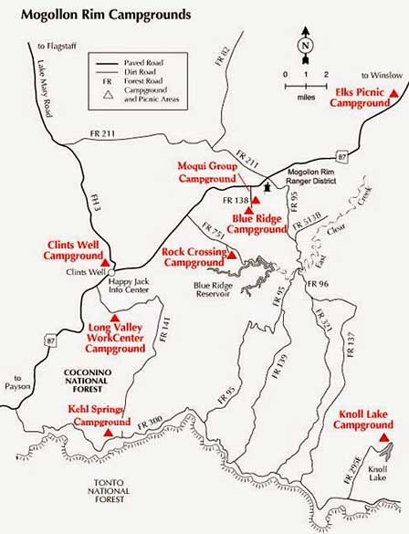 Map showing Knoll Lake Campground and other Mogollon Rim campgrounds in the Coconino National Forest