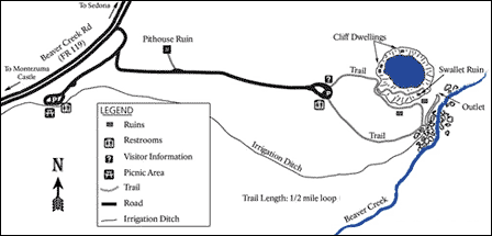 Montezuma Well trail map showing cliff dwellings swallet outlet irrigation ditch and Beaver Creek