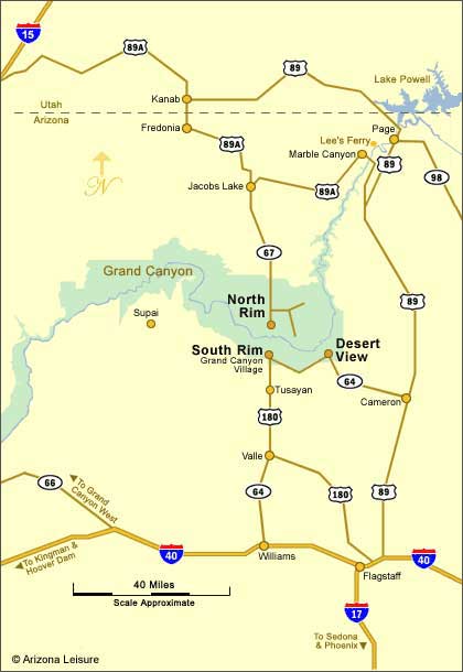 Grand Canyon North Rim map showing Highway 67 Jacob Lake and South Rim access routes