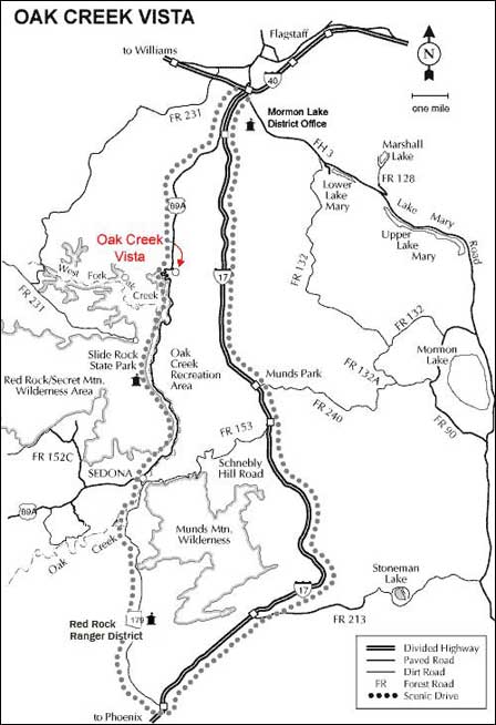 Map showing Oak Creek Canyon Vista Overlook on Highway 89A between Flagstaff and Sedona Arizona