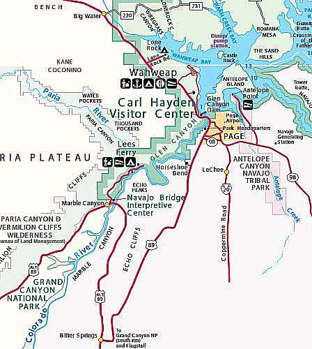 Map showing Lake Powell Page Arizona Glen Canyon and nearby attractions