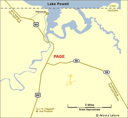 Map of Page Arizona and Lake Powell showing highways marinas and regional driving routes