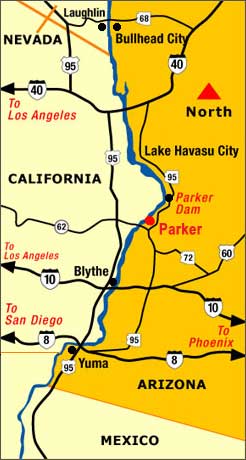 Map of Parker Arizona Colorado River communities Lake Havasu Quartzsite and western Arizona travel routes