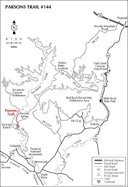 Map showing Parsons Trail trailhead and Sycamore Canyon Wilderness near Cottonwood Arizona