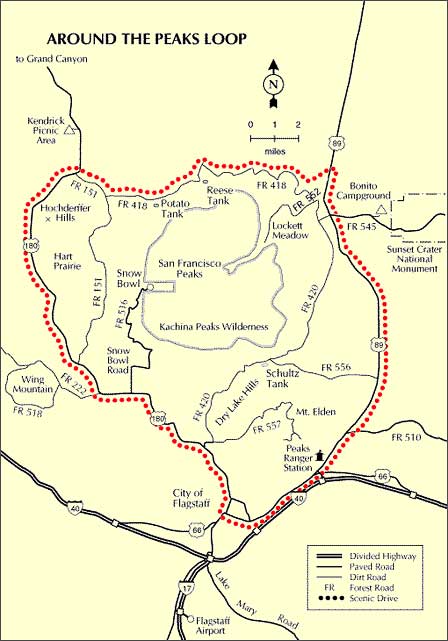 Map of the San Francisco Peaks Scenic Loop showing U.S. 89 U.S. 180 and Forest Roads 418 and 151 near Flagstaff Arizona