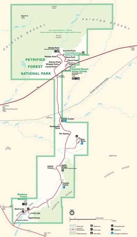 Petrified Forest National Park map showing roads, entrances, overlooks and visitor areas in Arizona