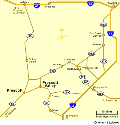 Map of Prescott Arizona with highways, nearby towns and surrounding attractions