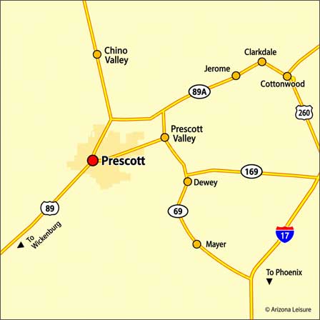 Prescott Arizona area map showing Prescott Valley, Chino Valley, Dewey, Mayer, Jerome, Cottonwood and Highways 89, 89A, 69 and 169