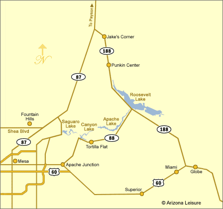Roosevelt Lake Arizona map showing highways, access routes and directions from Phoenix, Globe and Payson