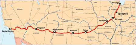 Map showing the full Route 66 route from Chicago to Santa Monica