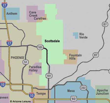 Scottsdale Arizona map showing major roads Phoenix Tempe Mesa and nearby Valley of the Sun cities