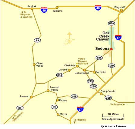 Sedona and Verde Valley map showing Cottonwood Jerome Camp Verde and surrounding Arizona communities