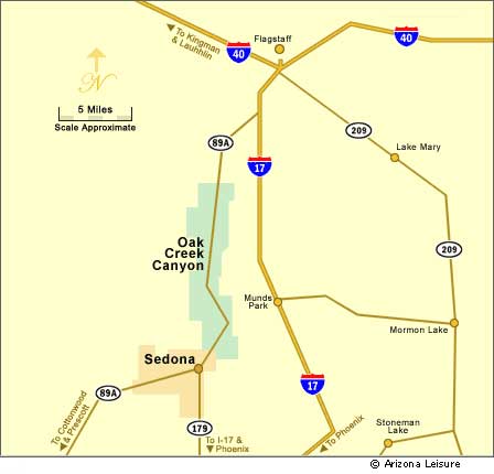 Sedona Arizona area map showing Oak Creek Canyon Flagstaff Phoenix Prescott and Grand Canyon