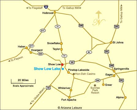 Map of Show Low Arizona, Show Low Lake and major routes through the White Mountains