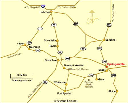 Springerville Arizona area map showing nearby White Mountains communities and regional highways