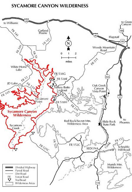 Sycamore Canyon Wilderness hiking trails and access map in Arizona
