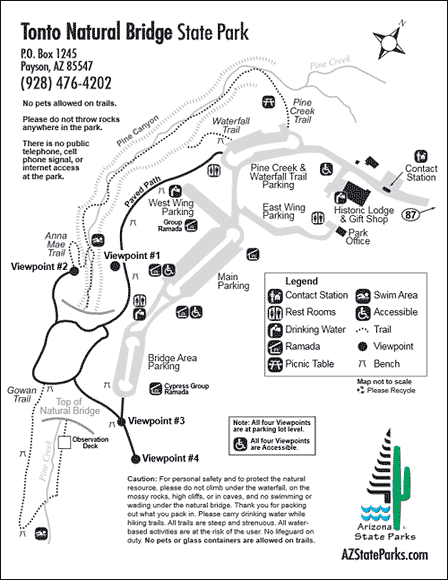 Tonto Natural Bridge State Park map showing trails parking picnic areas and viewpoints