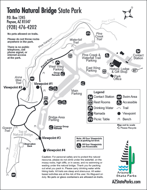 Tonto Natural Bridge map showing parking lots, paved paths and picnic areas