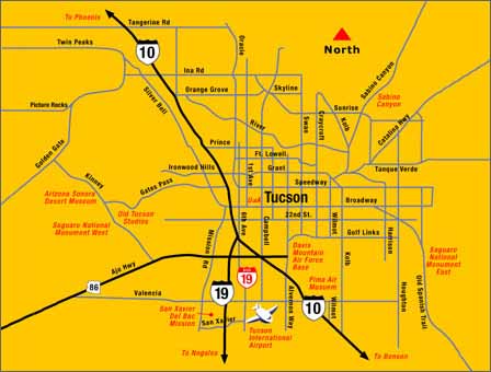 Tucson Arizona area map showing roads attractions parks and Southern Arizona destinations