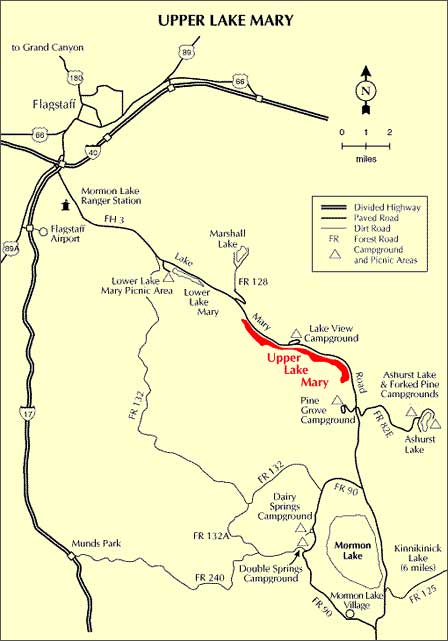 Map showing Upper Lake Mary and access from Flagstaff Arizona