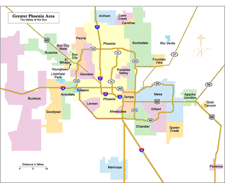 Map of the Phoenix metropolitan area showing major cities and highways in the Valley of the Sun