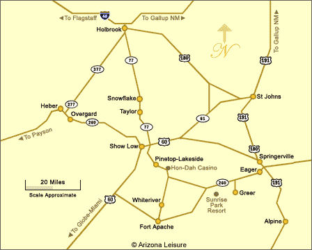 White Mountains Arizona map showing mountain towns lakes and regional destinations